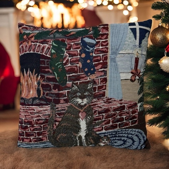 Cat Pillow Christmas Kitty Fireplace Tapestry Throw Grandma CottageCore Cat Lady - Picture 1 of 11
